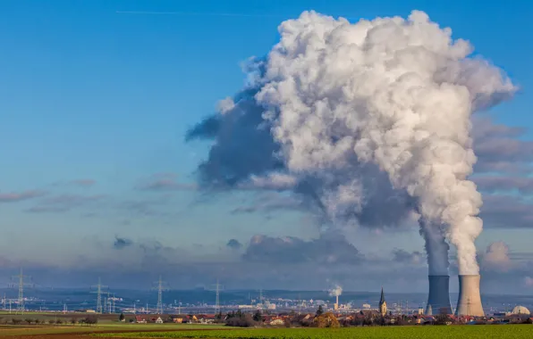 The sky, clouds, the city, couples, Church, cooling tower
