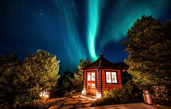 Forest, trees, landscape, night, house, stars, Northern lights, Norway