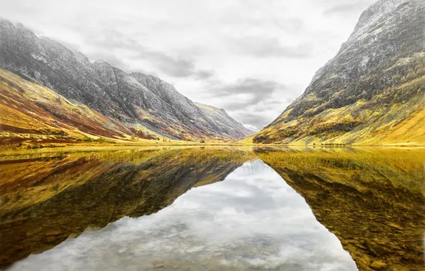 Picture mountains, lake, reflection, Scotland