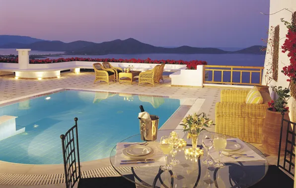 Picture sea, view, the evening, pool, champagne, dinner