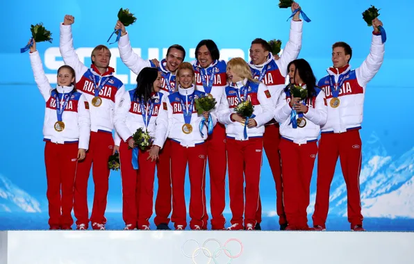 Flowers, victory, bouquet, figure skating, skaters, medals, pedestal, team Russia