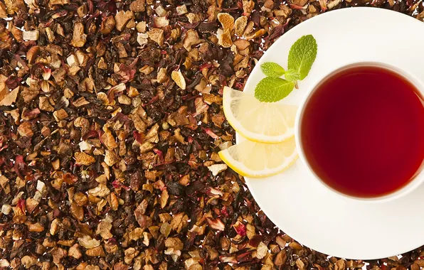 Lemon, tea, petals, mug, drink, mint, saucer