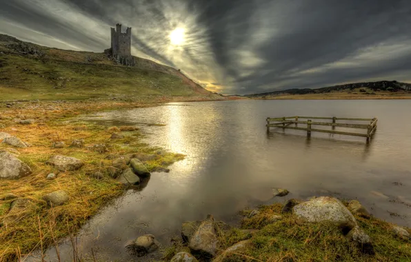 Grass, lake, stones, castle, shore, Scotland, hill, the ruins