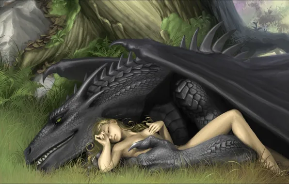 Forest, grass, girl, dragon, sleeping