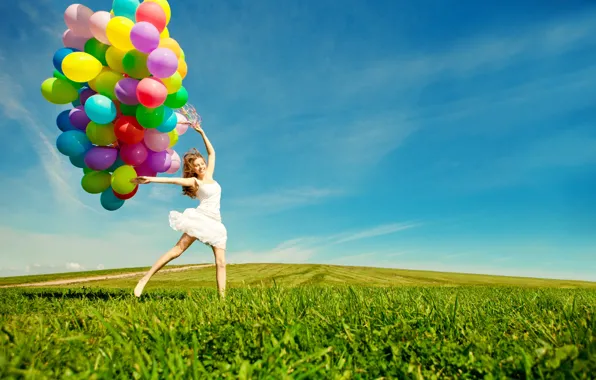 Picture girl, joy, balloons, jump