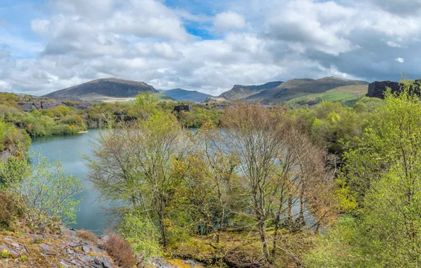 Trees, landscape, mountains, lake, Wales, Dorothea Quarry