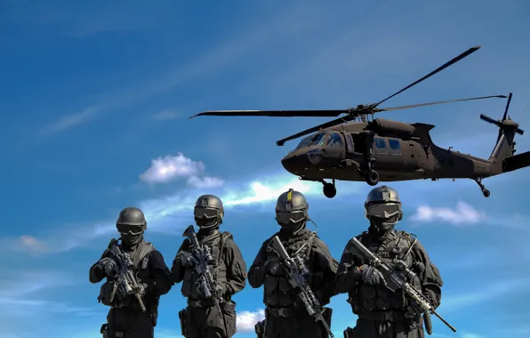 Weapons, helicopter, warriors, special forces, helicopter, blue sky, weapons, blue sky