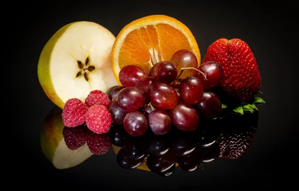 Berries, raspberry, Apple, orange, strawberry, grapes, fruit, black background