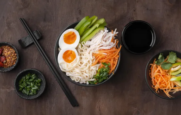 Eggs, vegetables, soy sauce, noodles, Asian cuisine, chopsticks