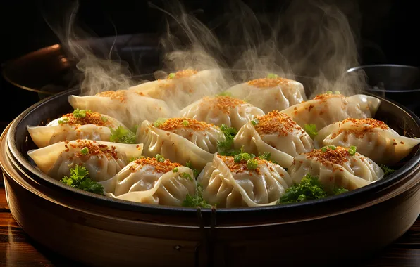 Greens, the dark background, couples, bowl, parsley, dish, spices, dumplings