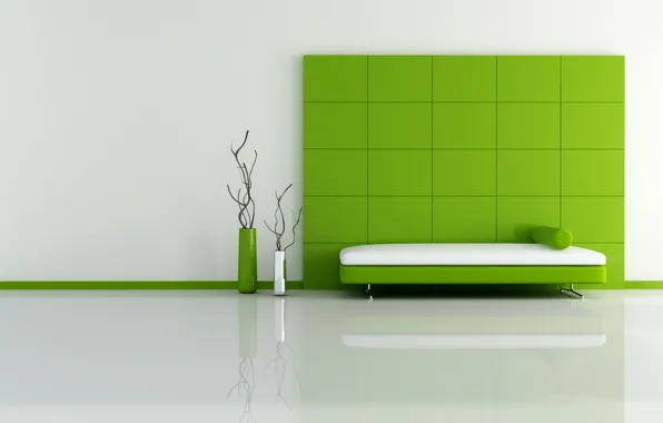 Green, bed, minimalism, squares, vases