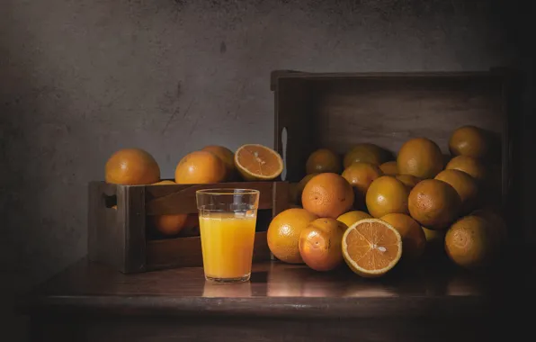 Glass, the dark background, table, Board, oranges, juice, boxes, still life