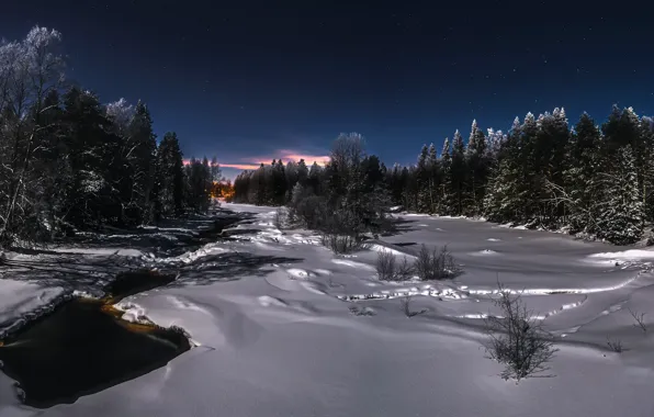 Winter, night, river