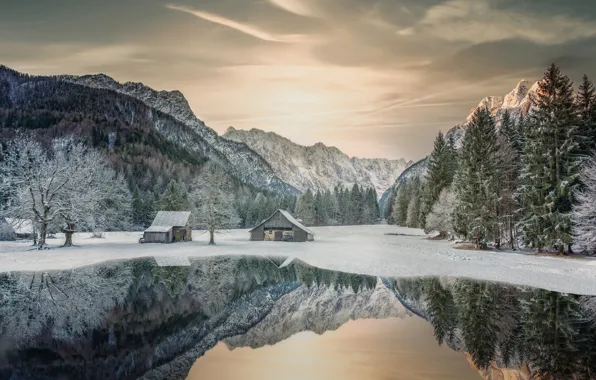 Picture winter, snow, trees, mountains, lake, reflection, Slovenia, Slovenia