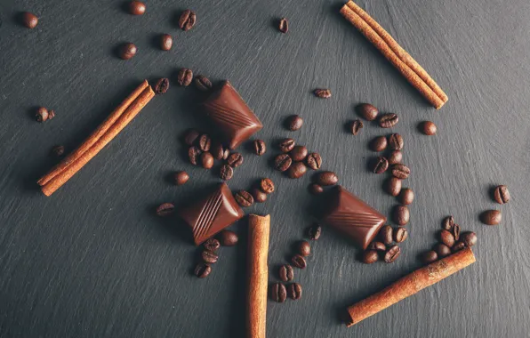 Chocolate, cinnamon, coffee beans, wooden background