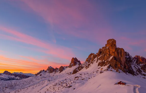 Winter, the sky, snow, mountains, house, rocks, the slopes, tops