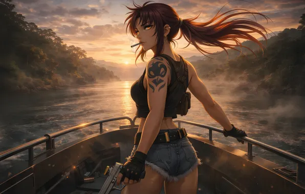 Picture girl, sunset, anime, boat, adventurer
