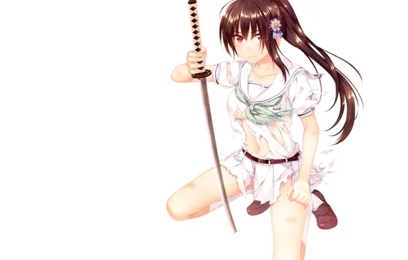 Katana, white background, schoolgirl, sitting, art, torn clothes, rags, Alpha