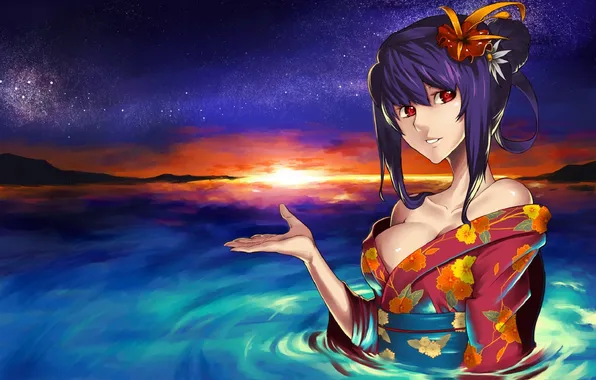 Sea, chest, look, girl, sunset, smile, yukata, gesture