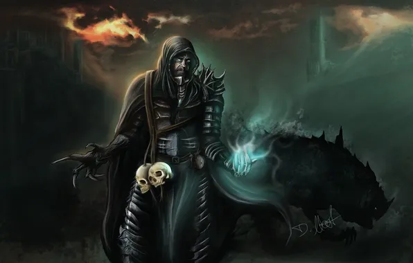 Magic, monster, art, hood, claws, skull, male, cloak