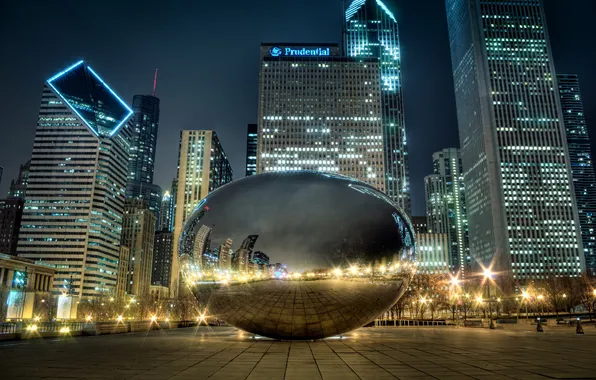 Night, the city, lights, reflection, Chicago, millennium park, Spaceship Earth