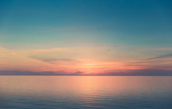 Sea, the sky, clouds, sunset, reflection, mirror, horizon