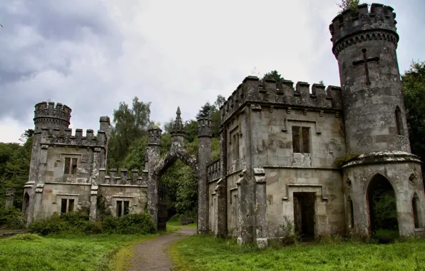 Picture road, the sky, trees, Ireland, Gothic architecture, Ballysaggartmore Towers