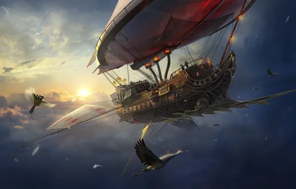 Picture The sky, Clouds, Bird, Birds, Ship, The airship, Heaven, Pirate