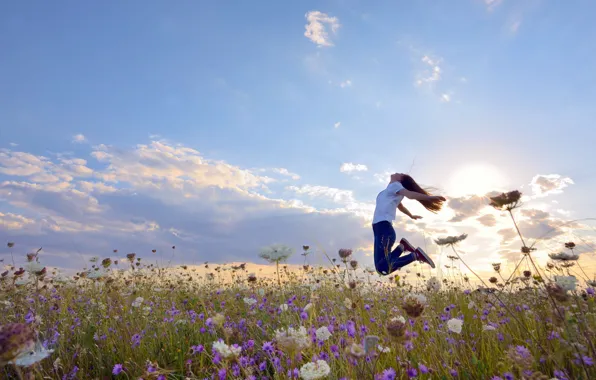 Picture field, summer, the sky, girl, the sun, clouds, light, joy