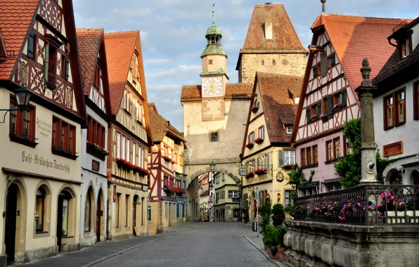Picture road, street, watch, tower, home, Germany, arch, Rothenburg