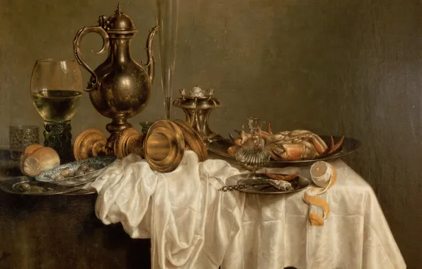 Picture lemon, Heda, Willem Claesz, Breakfast with a Lobster, lobster, white tablecloth