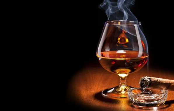 Smoke, glass, cigar, black background, cognac