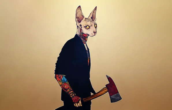 Minimalism, Cat, Style, Axe, Background, Tattoo, Art, Tattoo