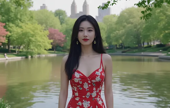 Girl, lake, Park, earrings, Asian, red dress, long hair, Korean