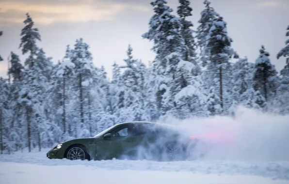 Snow, Porsche, green, side, snow dust, 2020, Taycan, Taycan 4S