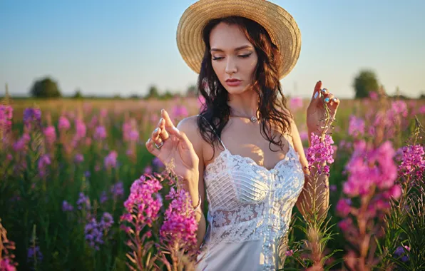 Girl, flowers, pose, hands, meadow, hat, Sergey Fat, Sergey Zhirnov