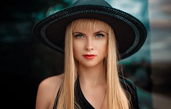 Look, girl, face, portrait, hat, blonde, long hair, red lipstick