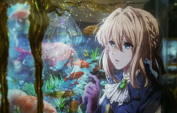 Aquarium, blue eyes, bangs, air bubbles, Violet Evergarden, aquarium fish