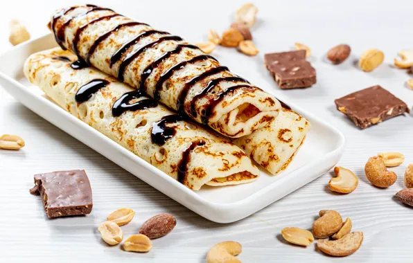 Chocolate, nuts, pancakes, cakes, pancakes