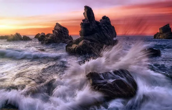 Picture sea, wave, sunset, squirt, nature, rocks