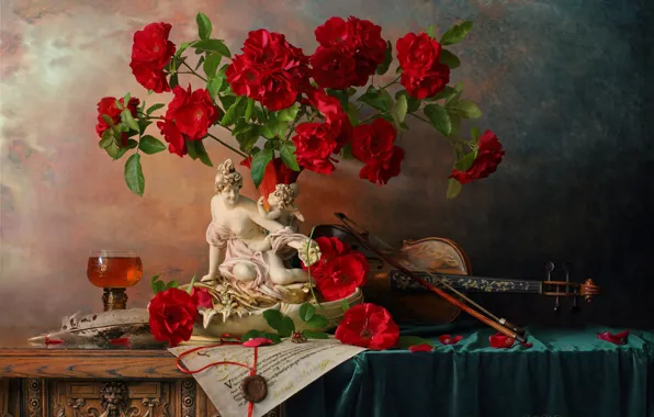 Picture letter, flowers, style, violin, glass, roses, figurine, still life