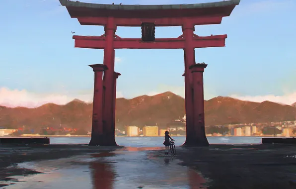 Mountains, bike, shore, gate, Japan, girl, Bay, Japan