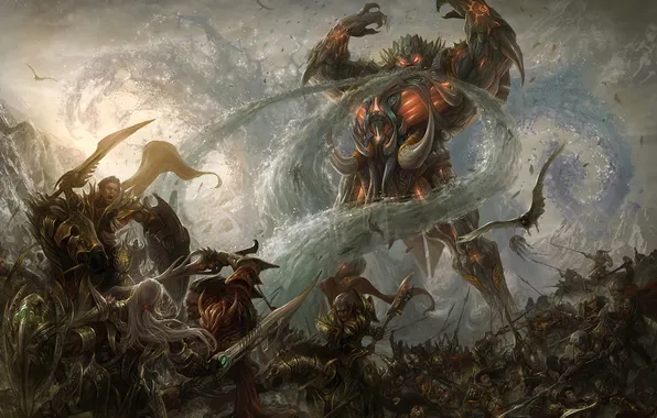 Picture water, mountains, bird, magic, the demon, Army, giant, the battle