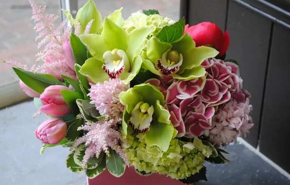Picture bouquet, Tulips, Orchids, Hydrangea, Hellebore