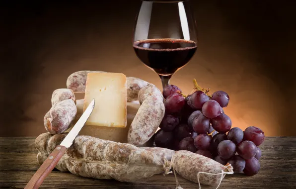 Wine, red, glass, cheese, grapes, bunch, knife, salami