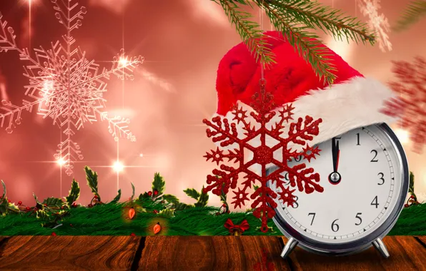Leaves, snowflakes, branches, time, background, holiday, hat, watch