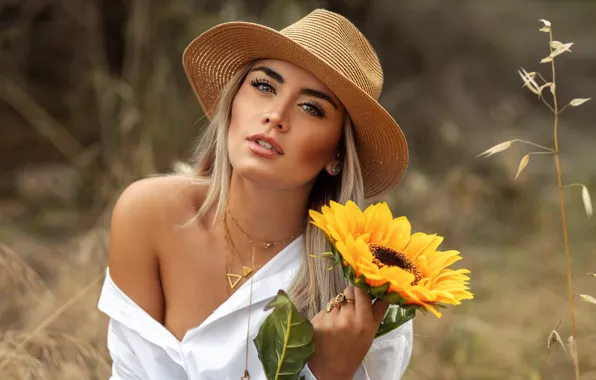 Grass, girl, decoration, nature, sunflower, hat, makeup, blonde