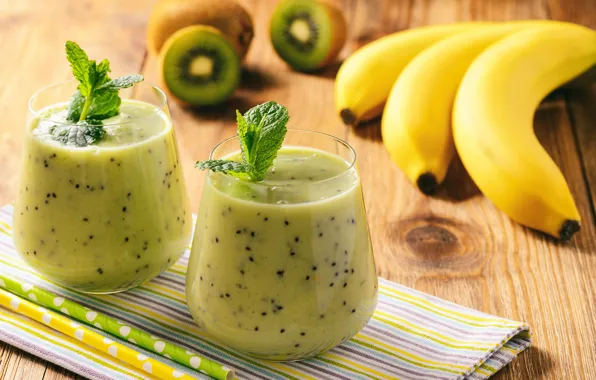 Kiwi, glasses, fruit, banana, mint, fresh, smoothies