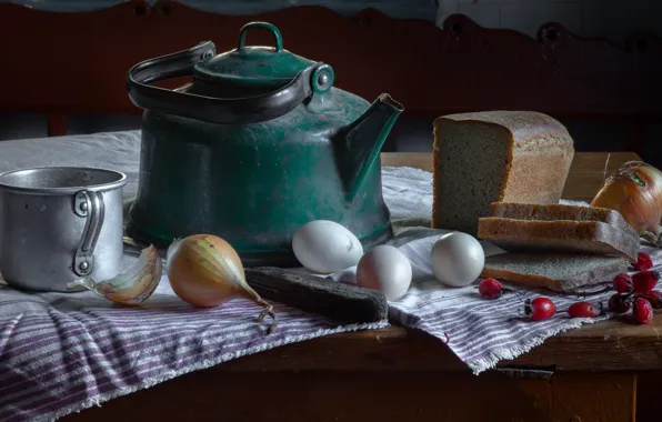 Picture eggs, kettle, bow, briar, bread, mug