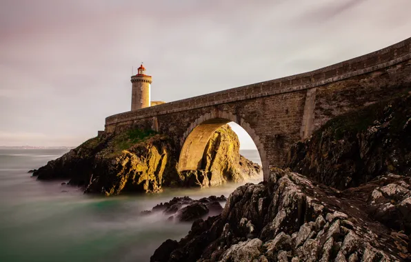 Sea, the sky, light, bridge, stones, shore, lighthouse, arch